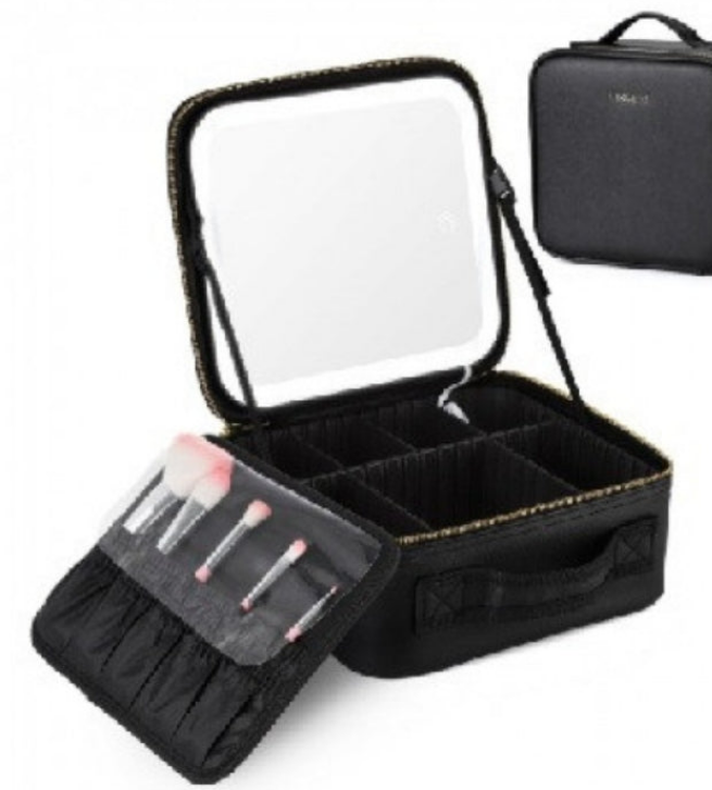 ESTUCHE DE COSMÉTICOS CON ESPEJO LED RECARGABLE ROSADO Y NEGRO: Belleza en tus manos.👧💄