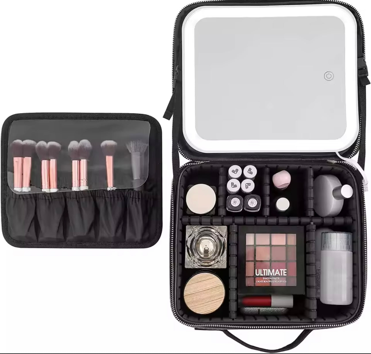 ESTUCHE DE COSMÉTICOS CON ESPEJO LED RECARGABLE ROSADO Y NEGRO: Belleza en tus manos.👧💄