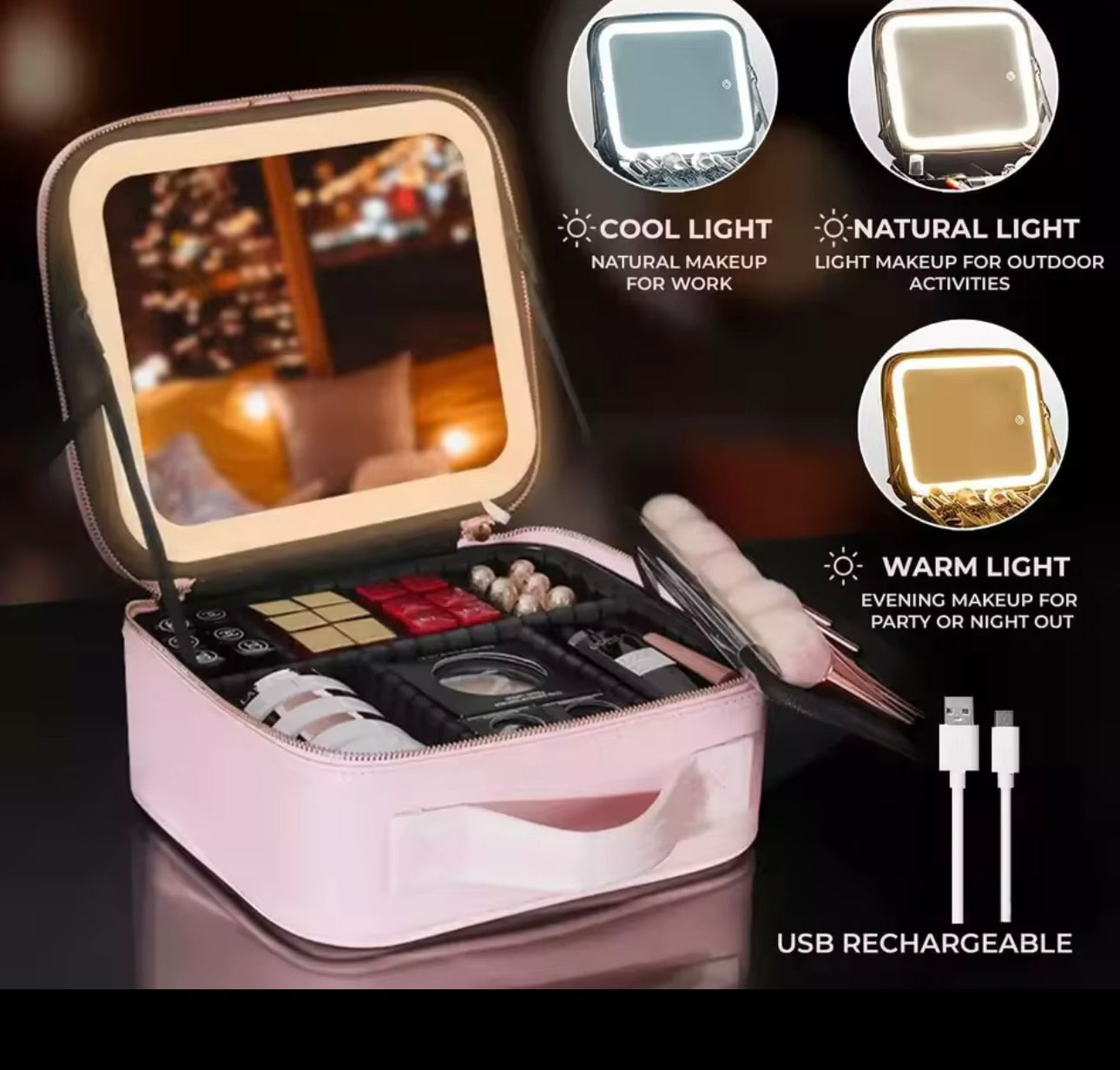 ESTUCHE DE COSMÉTICOS CON ESPEJO LED RECARGABLE ROSADO Y NEGRO: Belleza en tus manos.👧💄