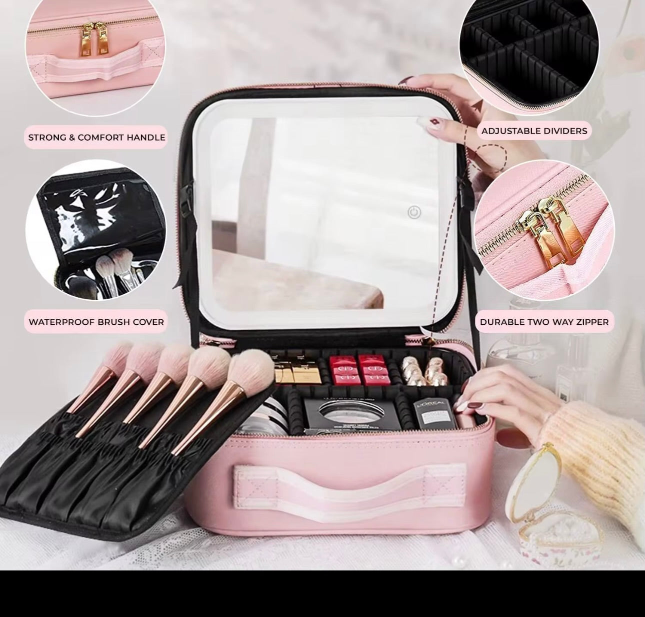 ESTUCHE DE COSMÉTICOS CON ESPEJO LED RECARGABLE ROSADO Y NEGRO: Belleza en tus manos.👧💄